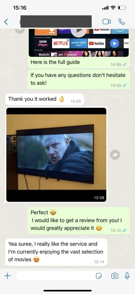 WhatsApp chat screenshot of verified client support conversation 1