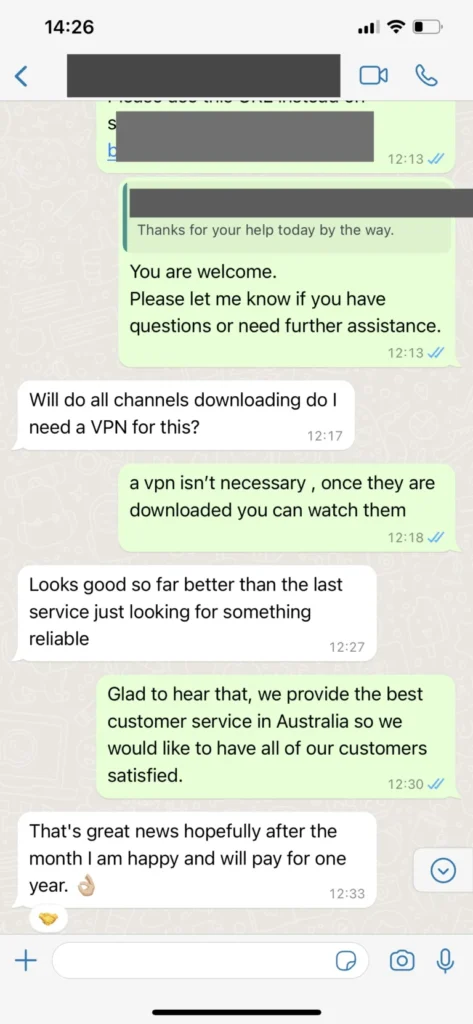 WhatsApp chat screenshot of verified client support conversation 3